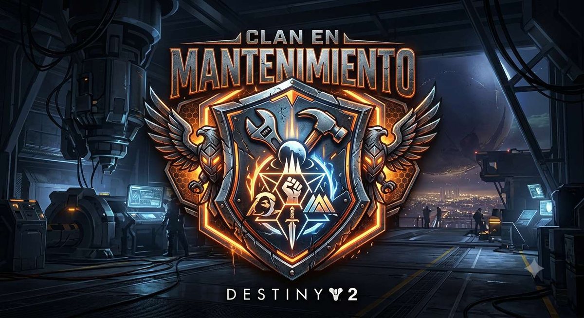 Emblema del Clan en Mantenimiento: un escudo con una llave inglesa y un martillo cruzados, flanqueado por alas, con los símbolos de Cazador, Titán y Hechicero